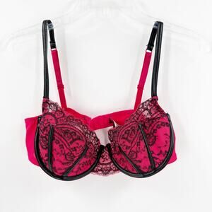 Adore Me Pink & Black Lace Lingerie Faux Leather Bra Women's Size 34DD